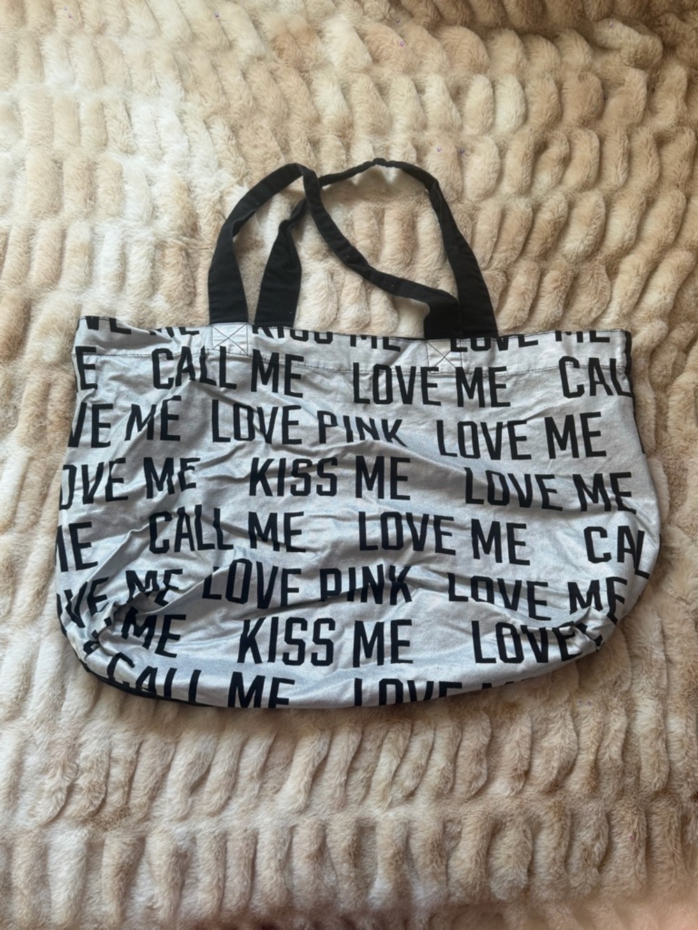 PINK Victoria's Secret Gray Canvas Tote with Black Text Print